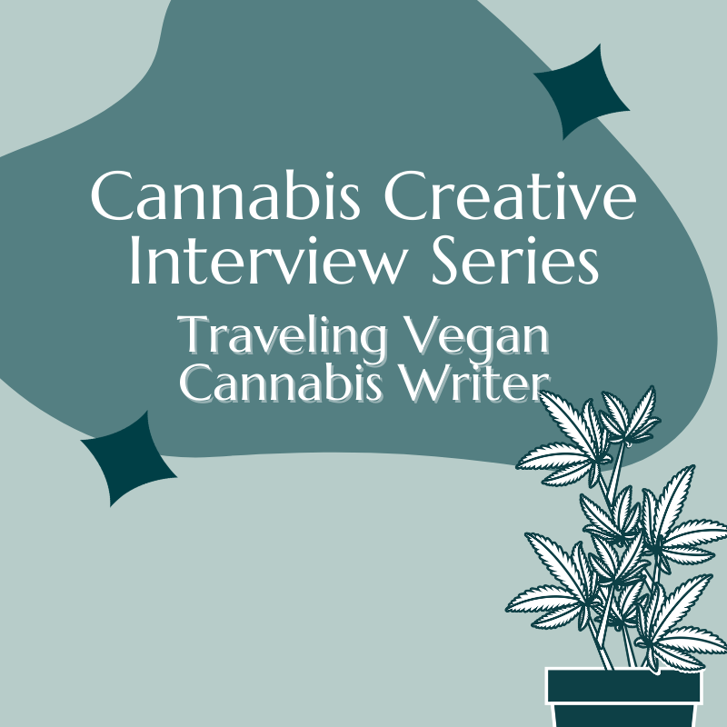 blue background with blue blob and white text that reads "Cannabis Creative Interview Series: Traveling Vegan Cannabis Writer" with cannabis plant in bottom right corner