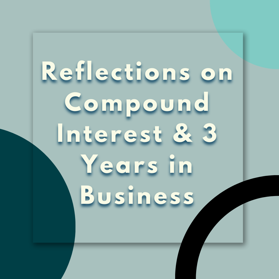 Blue background with dark blue shapes and a square featuring white text that reads "Reflections on compound interest and 3 years in business"